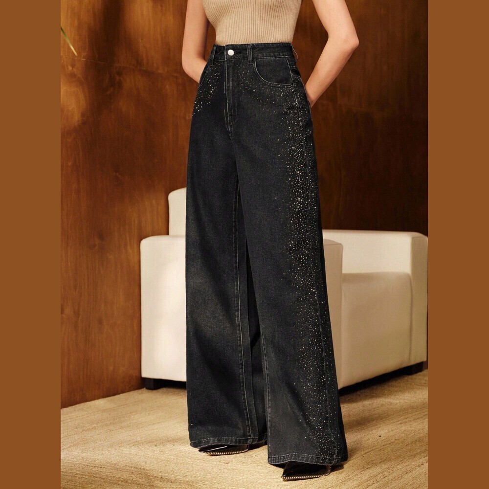 Black Rhinestone Studded High Waist Wide Leg Denim Jeans